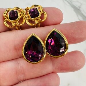 Vintage Avon Clip On Earrings Purple Glass Gem Gold Tone 2 Pair Tear Drop Scroll